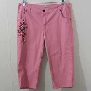 Woman Within Pink w/ Embroidered Flowers Size 16W Capris